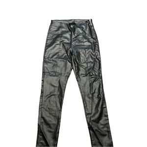 Small high waisted black faux leather leggings zipper on side